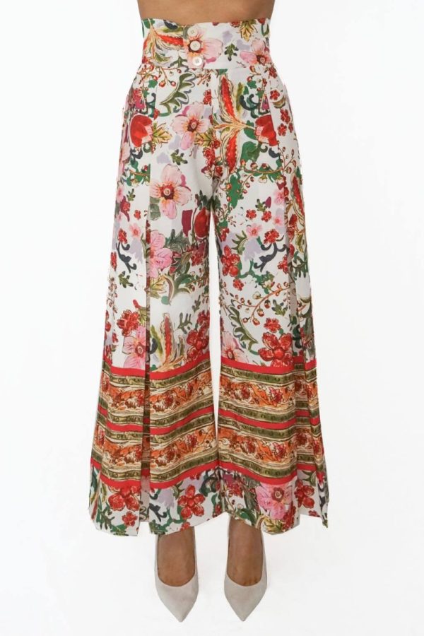 Pantalone a palazzo in seta con motivi floreali