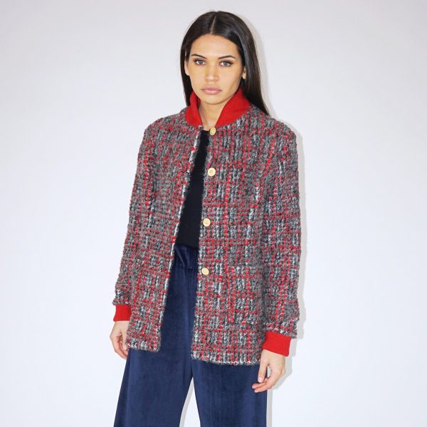 Giacca in lana cashmere grigia con quadri rossi