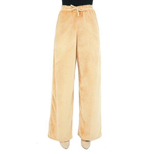 Pantalone in velluto di seta color crema con elastico in vita - immagine 2