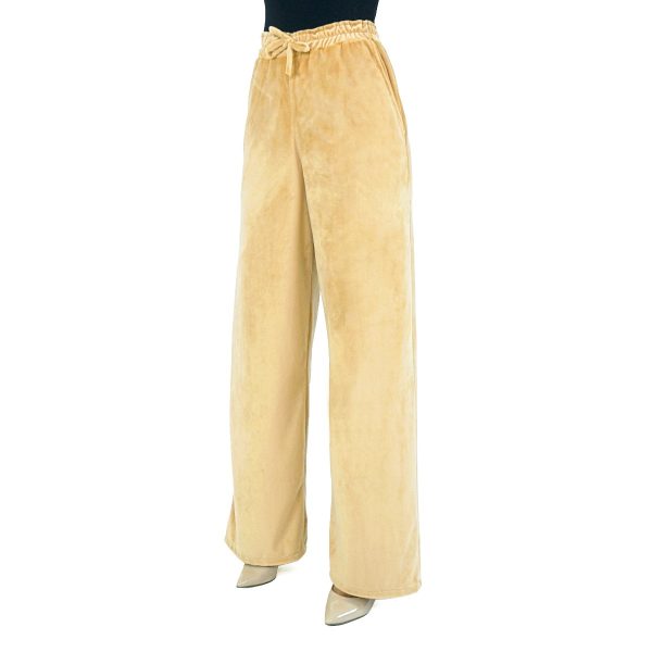 Pantalone in velluto di seta color crema con elastico in vita - immagine 3