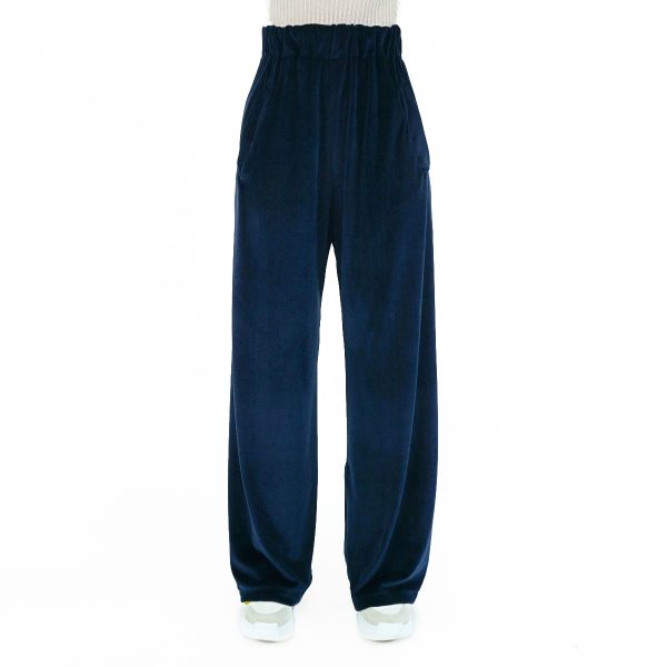 Pantalone in velluto di seta blu notte con elastico in vita - immagine 2