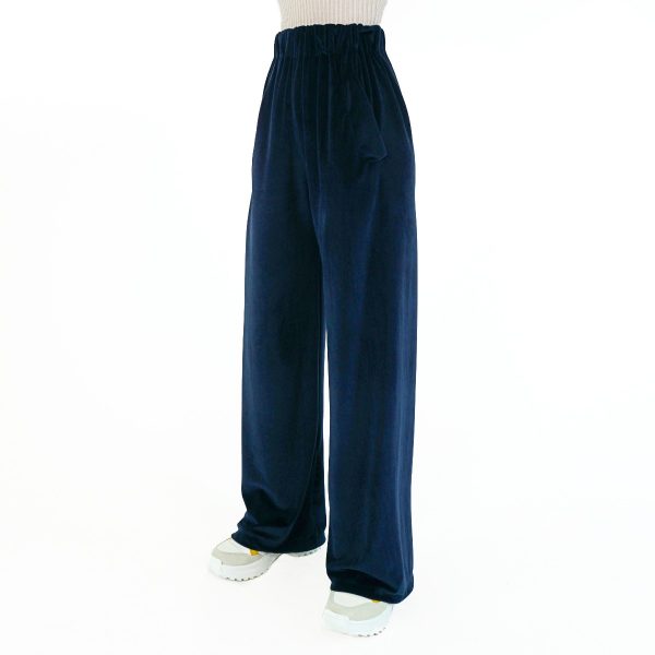Pantalone in velluto di seta blu notte con elastico in vita - immagine 3